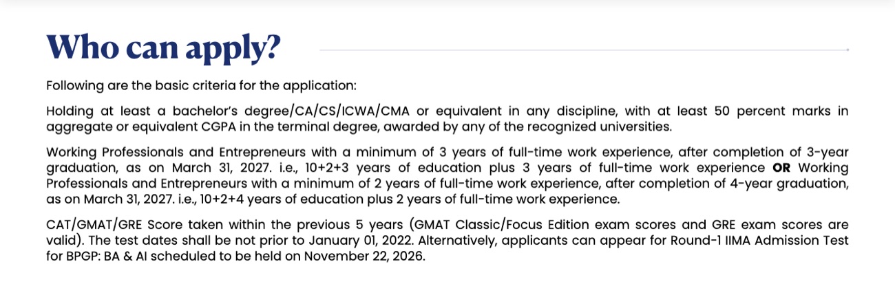 IIM Ahmedabad Blended MBA in Business Analytics and AI admissions page showing eligibility and the ₹21 lakh fee schedule for the 2027–29 batch